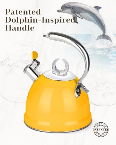 Harriet Tea Kettle Stovetop, 2.5 QT Whistling Stainless Steel Teapot, 3-Layer Base, Unique Ergonomic Handle, Includes Pot Holder & Mat, Electric/Induction/Gas Stovetops Applicable, Yellow