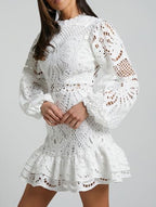 Women's Spring Long Sleeve Embroidery Mini Dress Ruffle Hollow Out Sexy Lace Dress