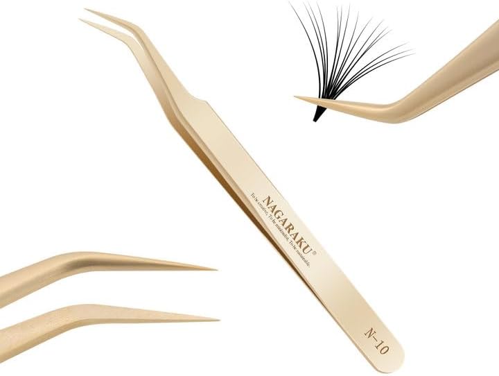 NAGARAKU Professional Eyelash Extension Tweezers, Precision Tip Stainless Steel Gold Lash Tool Curved Angled for Individual & Volume for Salon & Personal Use, Easy Fanning Volume Pinzas (N-10)