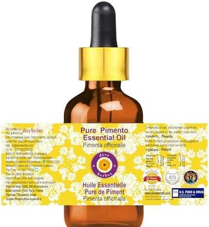 Deve Herbes Pure Pimento Essential Oil (Pimenta officinalis) Steam Distilled with Glass Dropper 15ml (0.50 oz)