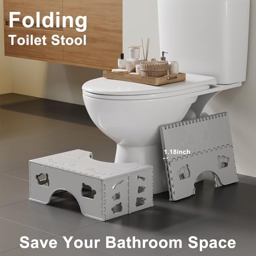 Foldable Toilet Stool Squat, 7 Inch Healthy Squatting Potty for Adults with Anti-Slip Feet, Portable Travel Poop Stool Adult, Lightweight & Easy Storage Bathroom Toilet Step Stool, Gray
