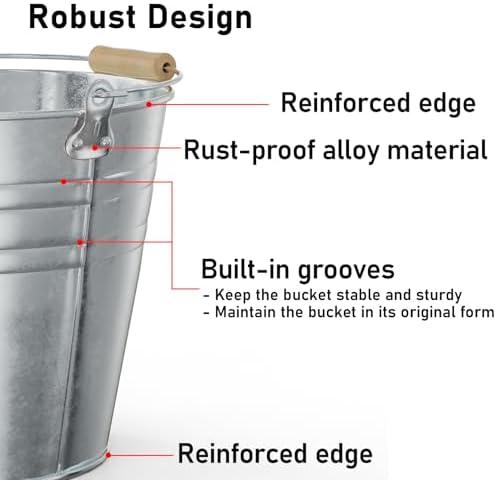 4 Gallon Galvanized Ice Bucket - Large Rustproof Metal Bucket Drink Tub with Wood Handles - 13" Beverage Bucket for Party BBQ Wedding Home Décor & Storage - 13"L x 13"W x 12"H