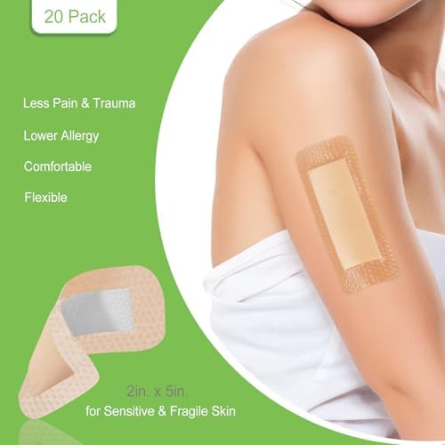 NeuHeils 20 Packs Silicone Foam Dressing Border Lite 2''x5'', Pad Size 1.1''x3.3'', Soft Gentle Would Bandage Patch for Small Bed Sore Pressure Ulcer