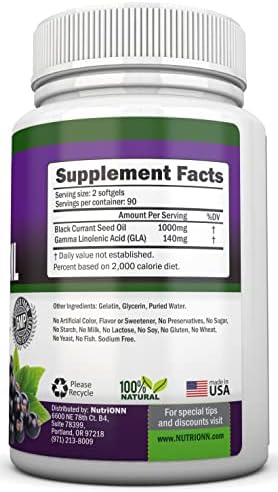 Black Currant Oil - 1000 Mg - 180 Softgels - Cold-Pressed Pure Black Currant Seed Oil - Hexane Free - 140mg GLA Per Serving - Regulates Hormonal Balance - Great For Immune System, Hair and Skin
