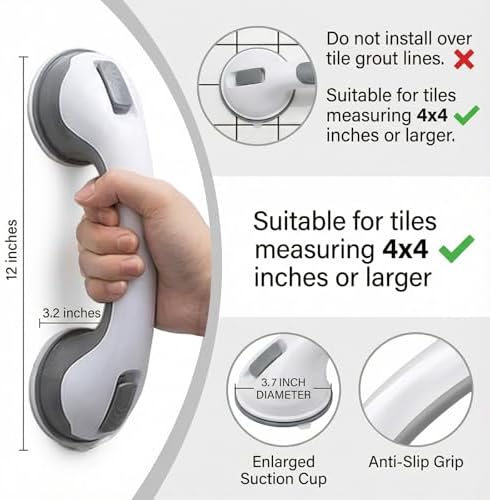 2 Pack Grab Bars for Shower - 12 Inch Suction Cup Shower Handle for Bathtubs, Strong Hold Bath Handles for Seniors, Handicap Safety Grip & Balance Assist, Tool-Free Installation