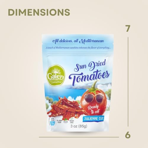 Galen Sun Dried Tomatoes, Julienne Cut, Soft, Moist, Ready to Eat, Mediterranean Flavor Sundried Tomato, Gmo Free, Kosher, Vegan, No Sugar Added, Resealable Bag, 3 oz (Pack of 3)