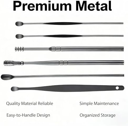 6 Pcs Ear Wax Removal Kit- Ear Cleaner Tool Stainless Steel- Portable Spiral Cleaning Tools with Storage Box for Adults (6 Pcs Black)