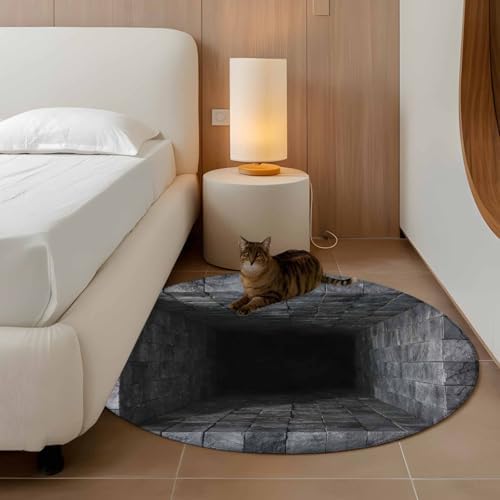 Round Area Rugs Collection 3 Ft, Optical Illusion Non-Slip Residential Carpet, Abstract 3D Black Grey Looks Like Holes Indoor Crawling Mats Doormat Runner Rugs Play Mat for Bedroom