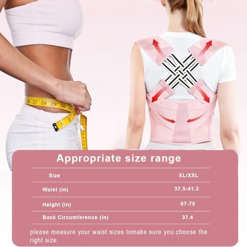 Back Brace Posture Corrector for Women, Pink, Sizs XL, Adjustable Back Straightener for Neck Shoulder Support, Scoliosis and Hunchback Relief