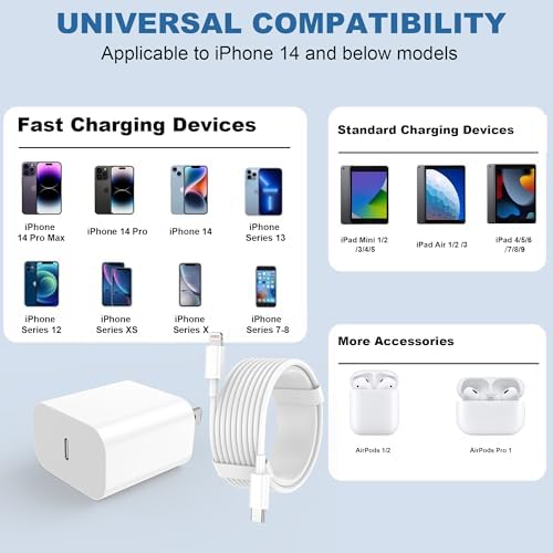 iPhone Charger Fast Charging 2 Pack Type C Wall Charger Block with 2 Pack [6FT&10FT] Long USB C to Lightning Cable for iPhone 14/13/12/12 Pro Max/11/Xs Max/XR/X,AirPods Pro