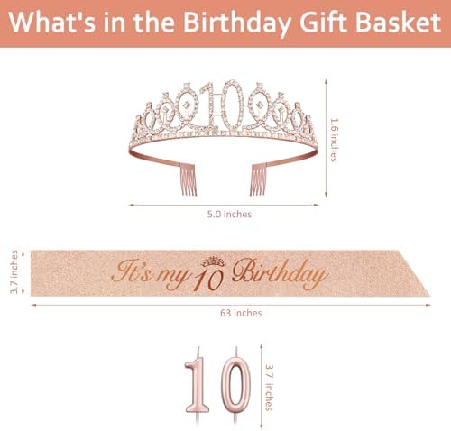 10th Birthday Decorations for Girls with Rose Gold Sash, Tiara,Numbers Candles, Sincere 10th Birthday Gifts for Girls