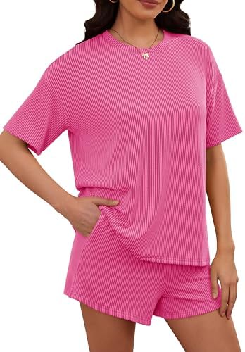 RUBZOOF Women's 2 Piece Sets Short Sleeve Outfits Ribbed Textured Knit Lounge Shorts Set Oversized Tracksuit Matching Sets