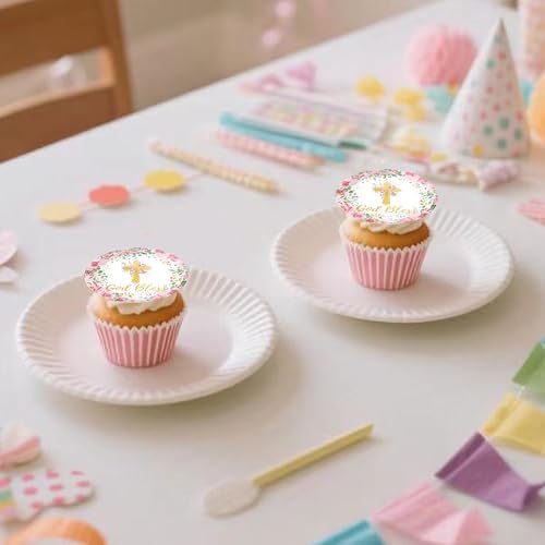 48PCS Edible Pink God Bless Cupcake Toppers Cross Cupcake Toppers Girl Baby Shower Cake Topper Decorations for Christian Theme Decorations Supplies