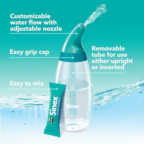 Vicks Sinex Saline Nasal Rinse Starter Kit, Drug Free Saline, Flush Out Mucus and Allergens, Fast & Effective Relief for Everyday Congestion from Sinus & Allergy, 1 Bottle + 30 Refill Packets