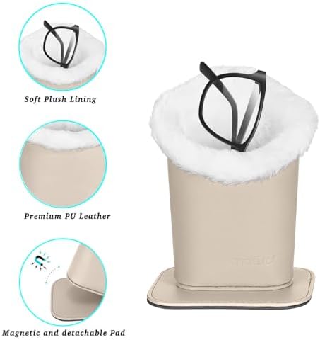 MOSISO Eyeglasses Holder, Plush Lined PU Leather Stand Case with Magnetic Base