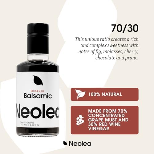 Neolea Dark Balsamic Vinegar from Greece - Made from 70% Grape Must & Red Wine Vinegar Aged in French Oak Barrels- Dressing for Salad, Cooking, Food, Cheese & Meal - 8.45 fl oz / 250 ml