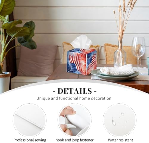 Tissue Box Cover America USA Flag 4th of July Square PU Leather Tissue Box Holder for Car Bathroom Bedroom Desk Tabletop Decor