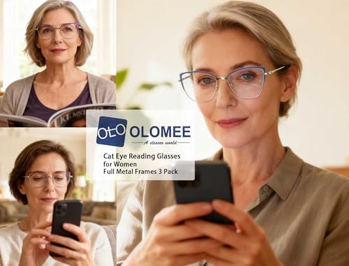 Reading Glasses Women Blue Light Blocking Thin Readers Stylish Reader Glasses Full Metal Frames Spring Hinges 3 Pack