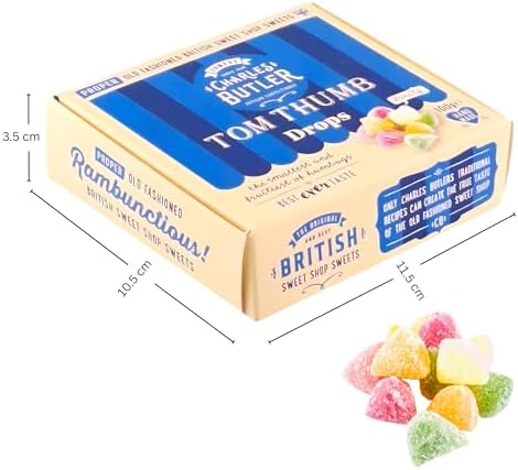 Charles Butler Tom Thumb Drops 3.5 Oz (Pack of 3) | Handmade Fruity Flavor Mini Humbug Candy | British Retro Hard Candy Drops | Old Fashioned English Hard Boiled Sweets Gift Box | UK Confectionery