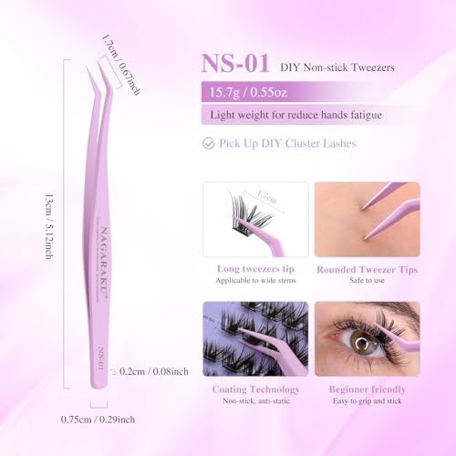 NAGARAKU DIY Cluster Lashes Tweezers, NS-01 Non-stick DIY Tweezer Eyelash Applicator Nano Anti-Stick Coating Precision Pinzas Light Ergonomic for Flawless DIY Lash Extensions Makeup