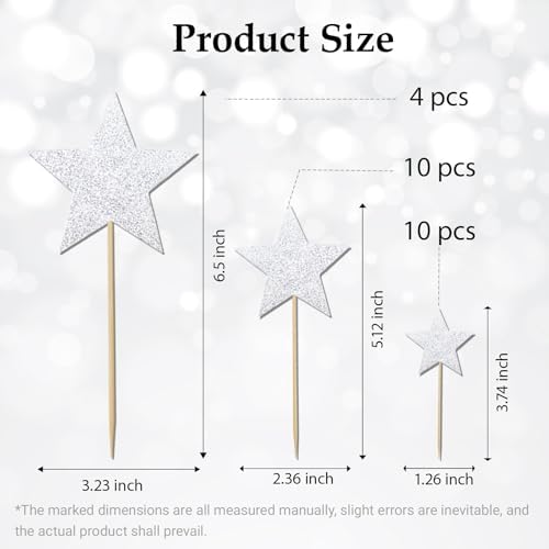 24 PCS Double-sided Silver Star Cupcake Toppers Glitter Twinkle Star Cupcake Picks Silver Cake Decorations for Wedding New Year Birthday Party Supplies (Mixed Size)