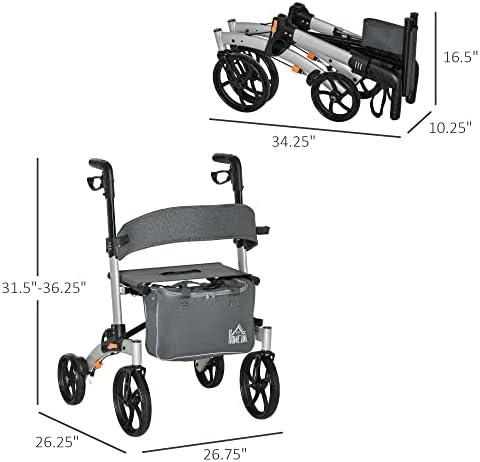 HOMCOM Aluminum Rollator Walker for Seniors and Adults with 10'' Wheels, Seat and Backrest, Folding Rolling Walker with Adjustable Handle Height and Storage Bag, Support up to 300lbs, Gray