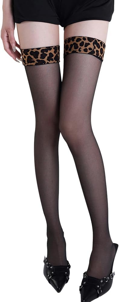 Leopard print thigh high socks Women's Sheer Thigh High Pantyhose Nylons Stockings Anti-slip Silicone Band