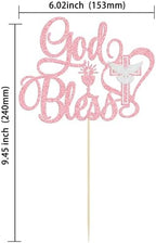 Ephlyn 1Pcs God Bless Cake Topper Glitter Dove Cross Christening First Communion Cake Pick Baptism Cake Decorations for Religious Theme Party Baby Shower Birthday Party SuppliesPink