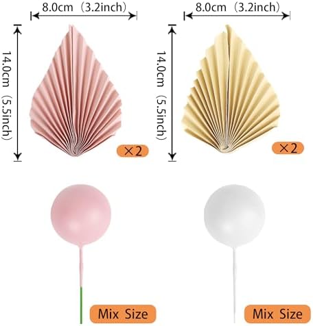 Rsstarxi 28 Pack Balls Cake Toppers Paper Palm Fan Cake Topper Pink Mini Balloon DIY Cake Insert Cake Decorations for Baby Shower Wedding Bridal Shower Birthday Party Cake Decorations