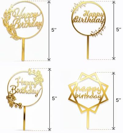 Set of 4 Acrylic Happy Birthday Cake Toppers (5-Inch) Reusable Gold Cake Topper for Birthday Cakes | Elegant & Modern Cake Decorations for Men, Women, Kids | Perfect Party Cake Decor Combo