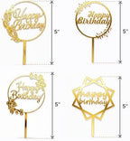 Set of 4 Acrylic Happy Birthday Cake Toppers (5-Inch) Reusable Gold Cake Topper for Birthday Cakes | Elegant & Modern Cake Decorations for Men, Women, Kids | Perfect Party Cake Decor Combo