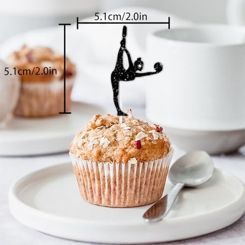 18pcs Black Glitter Silhouette Gymnast Dessert Cupcake Topper Cheer to Gymnastics Sport Theme Decor Supplies Women Girls Happy Birthday Bachelor Girls' Night Out Party Decorations