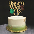 Young Wild and Three Cake Topper, Happy 3rd Birthday Decorations, for Kids 3rd Birthday Party Cake Decor, Gold and Brown Glitter