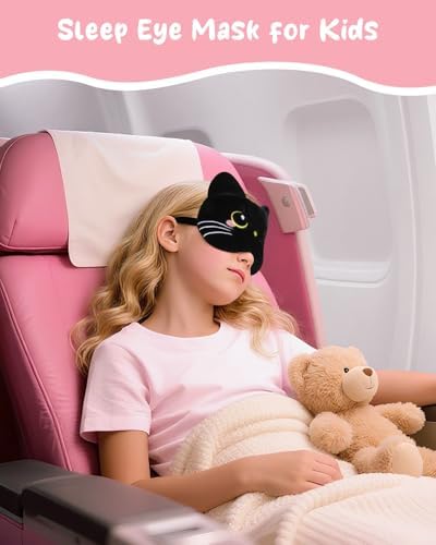 Miss Adola Sleep Mask for Kids - Cute Cartoon Plush Fuffy Sleeping Eye Cover Black Cat Kawaii Soft Eyeshade with Adjustable Strap Animal Eye Blindfold for Kids Girls Boys Teens