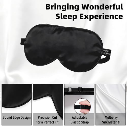 Silk Sleep Eye Mask for Kids, 100% Real Natural Pure Silk Sleeping Masks, Blindfold Sleep Eye Cover with Adjustable Strap, Soft & Lightweight Night Eyeshade for Boys Girls Teens (Black)