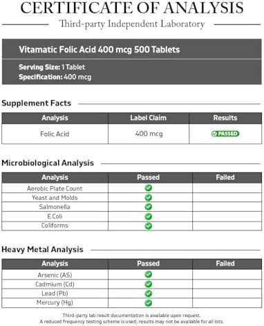 Vitamatic Folic Acid 400 mcg - 500 Vegetarian Tablets - Vitamin B9