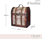 Twine Old World 6 Wooden Wine Bottle Gift Box - Wine Decorative Storage Box with Lid and Handle, Wine Accessory Sets, Wood, Faux Leather in Antique Map Design Liquor Gift Box