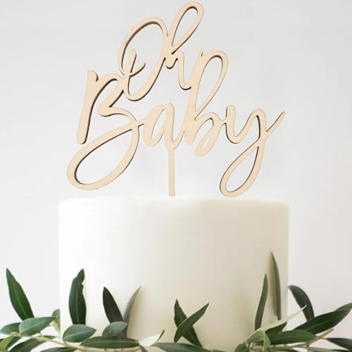 Oh Baby Cake Topper-Wooden Baby Shower Cake Decorations For Rustic Theme Gender Reveal Party/Baby Booth Props Party Photo Decorations（01）