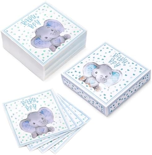 WRAPAHOLIC 50Pcs Boys Baby Shower Napkins - 3 Ply Adorable Blue Elephant Baby Boy Disposable Paper Luncheon Napkin for Baby Shower Tableware Party Supplies - 6.5 x 6.5 In