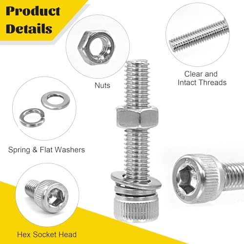 960pcs M2.5 Screws with Nuts Assortment kit, M2.5x4/6/8/10/12/16/20/25 mm 304 Stainless Steel Hex Socket Head Bolts with Flat & Lock Washers Assorted Set