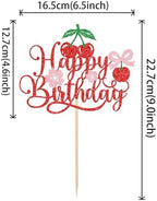 1 PCS Cherry Happy Birthday Cake Topper Glitter Pink Bow Cherry Cake Pick Cherry Birthday Decorations for Sweet Fruit Theme Baby Shower Kids Girls Birthday Party Cake Decorations Supplies