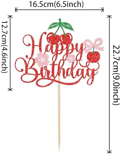 1 PCS Cherry Happy Birthday Cake Topper Glitter Pink Bow Cherry Cake Pick Cherry Birthday Decorations for Sweet Fruit Theme Baby Shower Kids Girls Birthday Party Cake Decorations Supplies