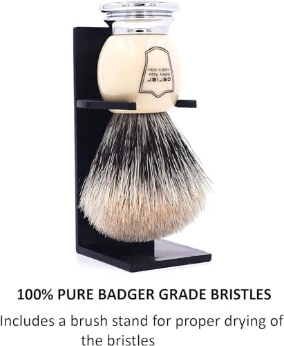 Parker Pure Badger Shaving Brush with Faux Ivory & Chrome Handle + Stand | 22mm Knot for Rich Lather | Handcrafted Shaving Tool for Cream or Soap | Classic Wet Shaving Brush | Iconic Brand