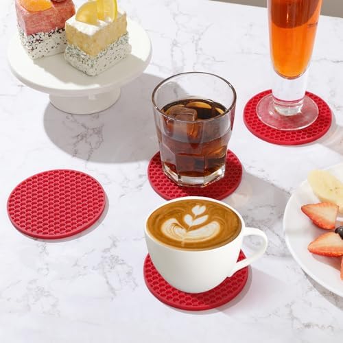 Silicone Coaster Set of 8 with Holder, Drinks Coasters, Beer & Coffee, Hot or Cold, Anti-Slip, Non-Stick, Anti-Overflow Tabletop Protection and Decor (8 Pcs, Wine Red)