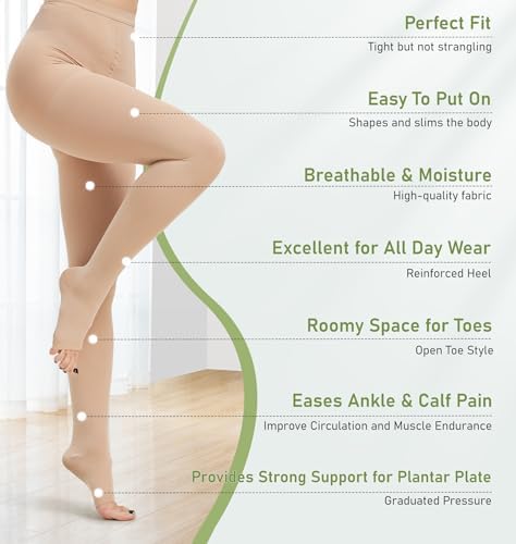 KEKING Medical Compression Pantyhose for Women & Men, Comfort 20-30 mmHg Graduated Compression Support Stockings, Open Toe Compression Tights for Varicose Veins, Edema, Flight, Beige S