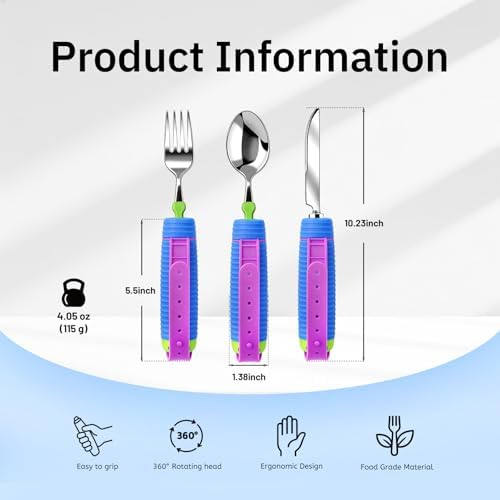 3 Pcs Adaptive Utensils for Disability, 360°Gadgets Swivel Fork Spoon with Adjustable Silicone Strap for Weak Hand Grip & Handicapped & Parkinsons Travel Eating Utensils for Disabled, Elderly