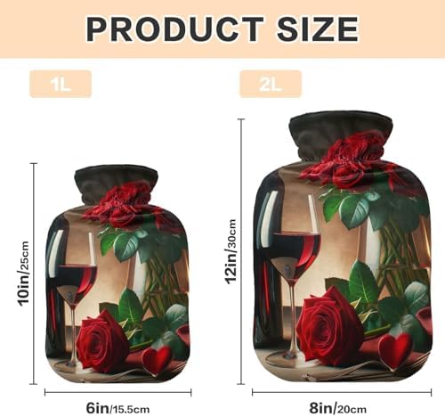Valentine's Day Red Wine Rose Hot Water Bottle with Soft Cover Feet Warmer with Soft Cover Hot Water Bag for Menstrual Cramps, 1L