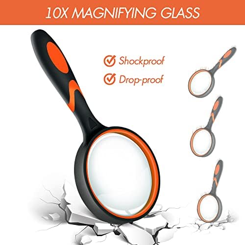 Leffis 2 Pack 10X Magnifying Glass for Seniors & Kids, Non-Slip Handheld Magnifier for Reading, 75mm Magnify Glasses Lens for Close Work, and Hobby Observation Green and Orange