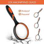 Leffis 2 Pack 10X Magnifying Glass for Seniors & Kids, Non-Slip Handheld Magnifier for Reading, 75mm Magnify Glasses Lens for Close Work, and Hobby Observation Green and Orange