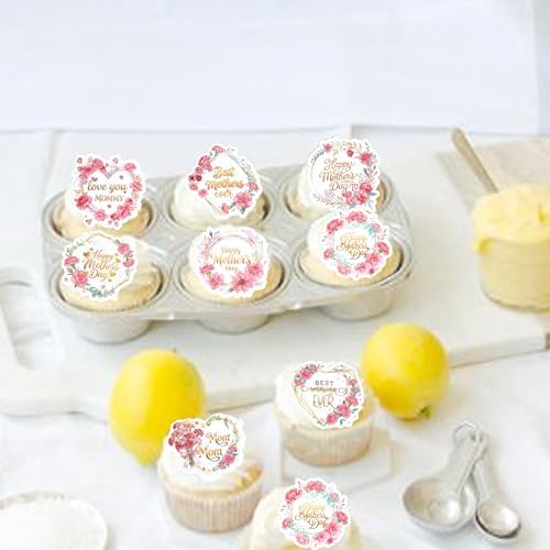 64 PCS Edible Happy Mother's Day Cupcake Toppers Wafer Paper Rose Flowers Love Mom Cake Decorations Edible Best Mother Cupcake Picks for Happy Mother's Day Women Birthday Party Decorations Supplies